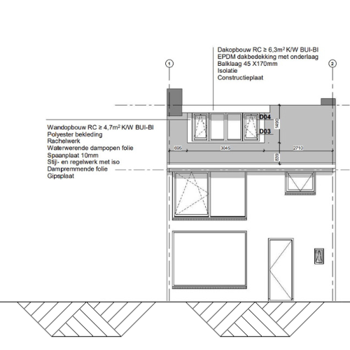 Aanzicht van een woning met dakkapel, met de maatvoering ten opzichte van nok en goot